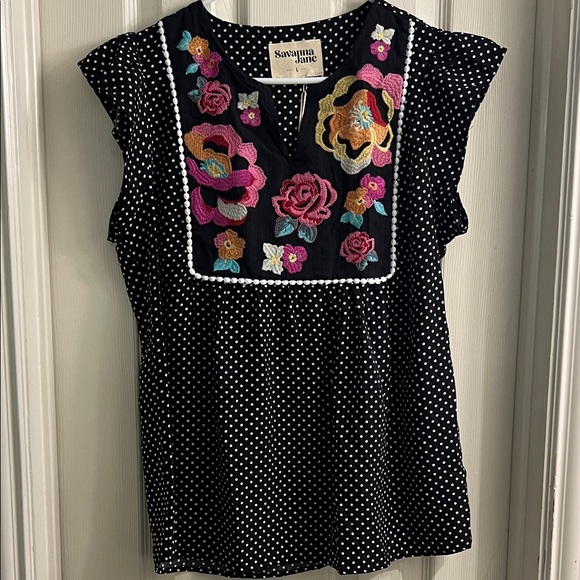 Savanna Jane Tops - Savanna Jane Blouse Women Large Black Polka Dot Floral Embroidered